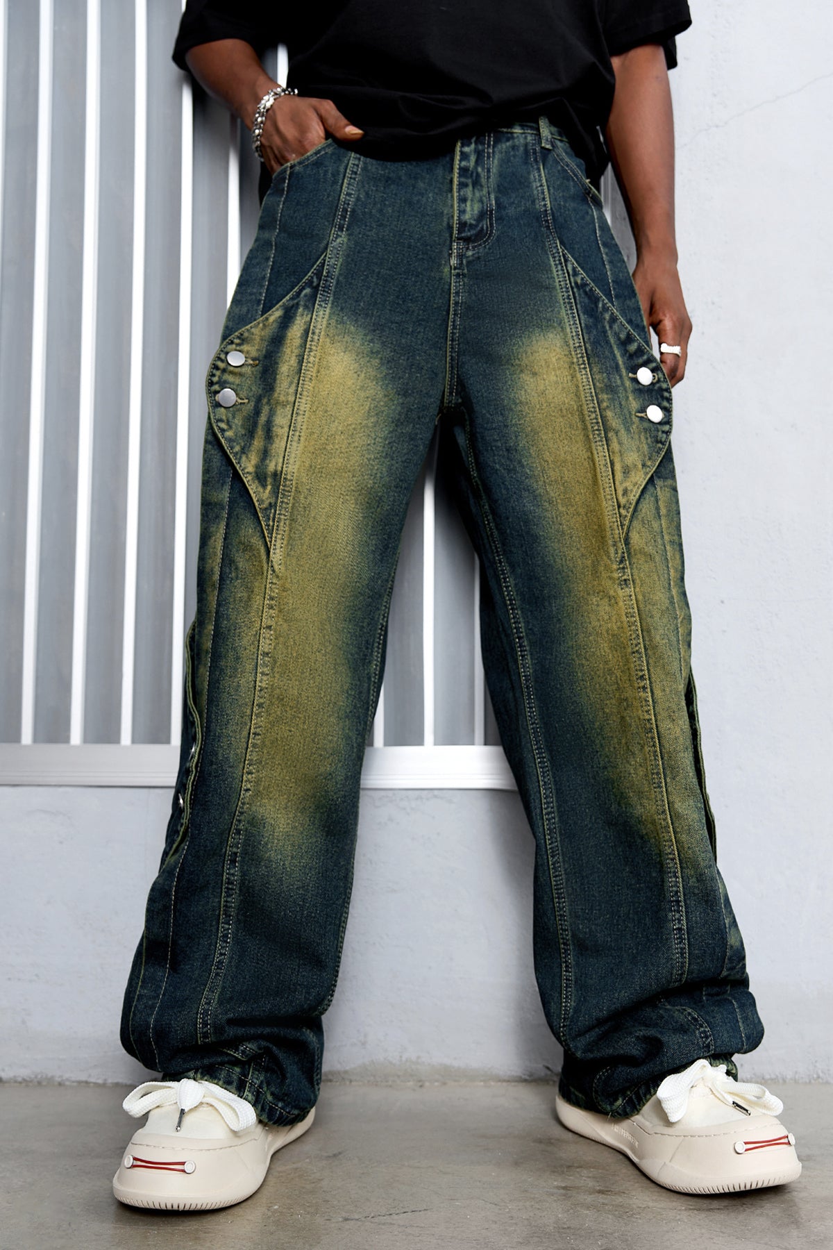 Irregular Patchwork Stacked Denim Jeans