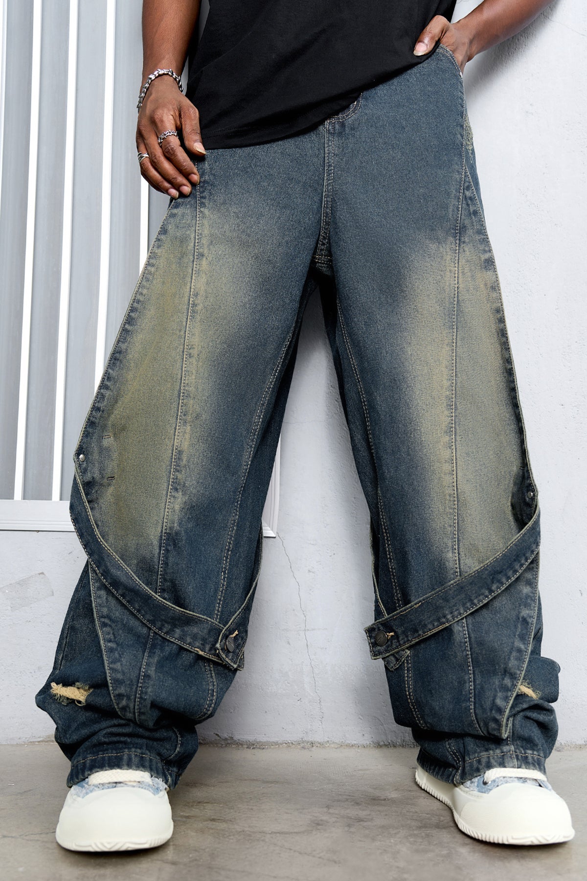 Distressed Patchwork Strap Baggy Jeans