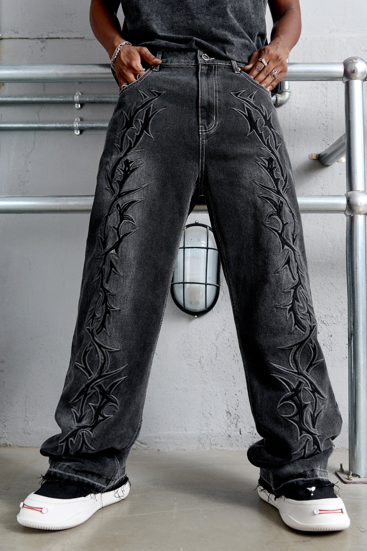 Black Thorns Embroidered Denim Jeans