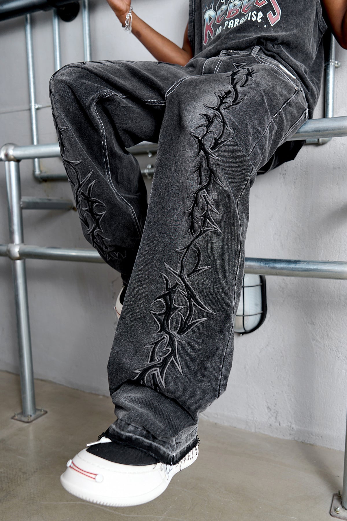 Black Thorns Embroidered Denim Jeans