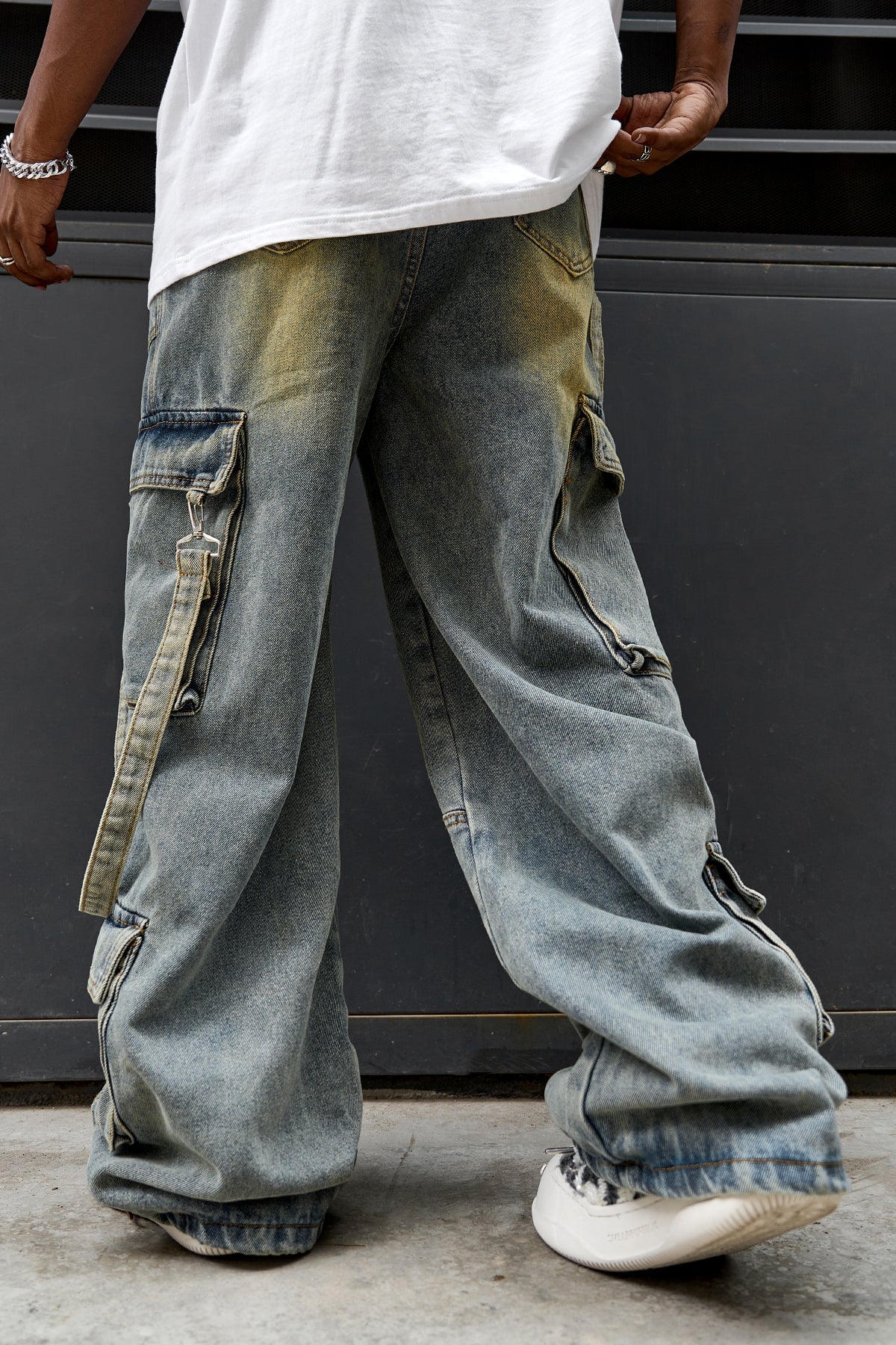 Strap Baggy Wide Leg Cargo Denim Jeans