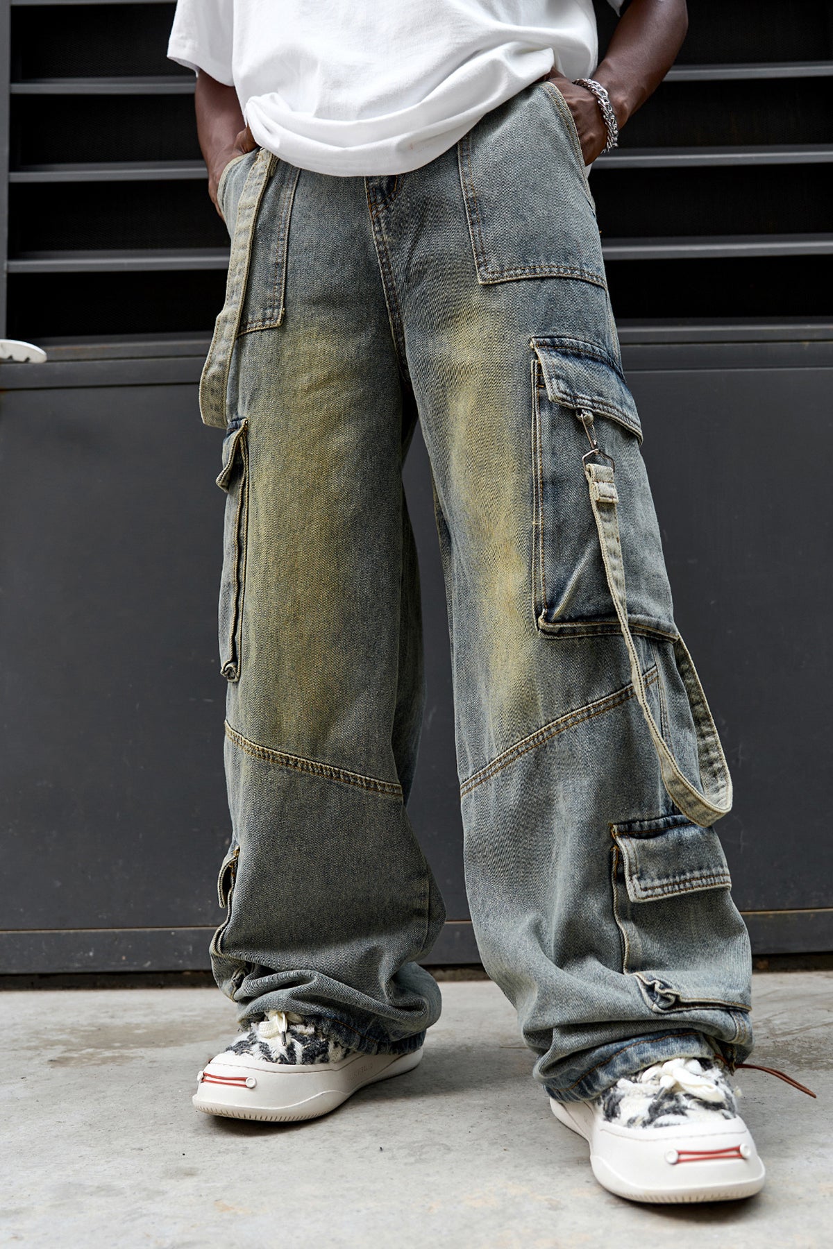 Strap Baggy Wide Leg Cargo Denim Jeans