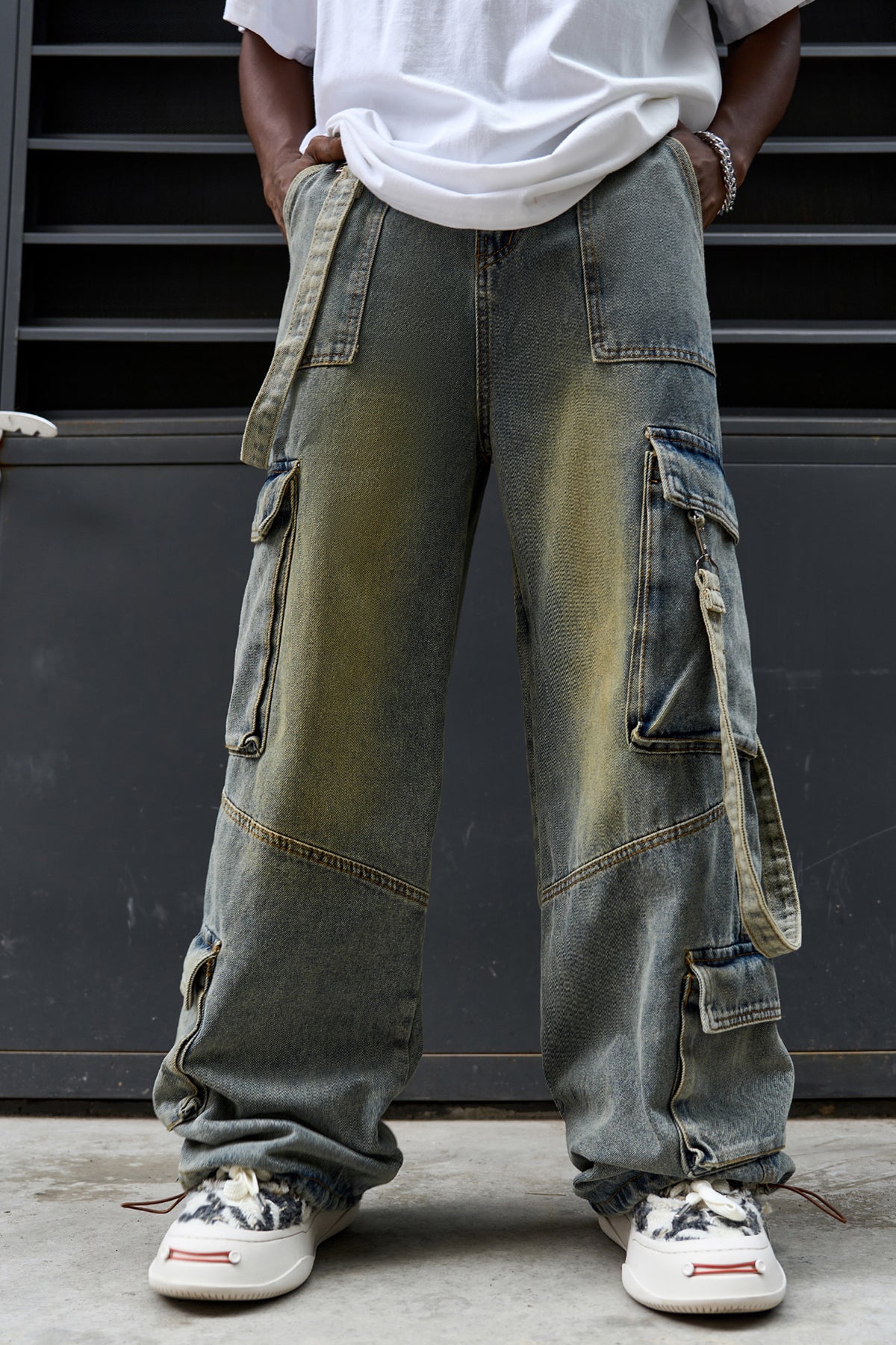 Strap Baggy Wide Leg Cargo Denim Jeans