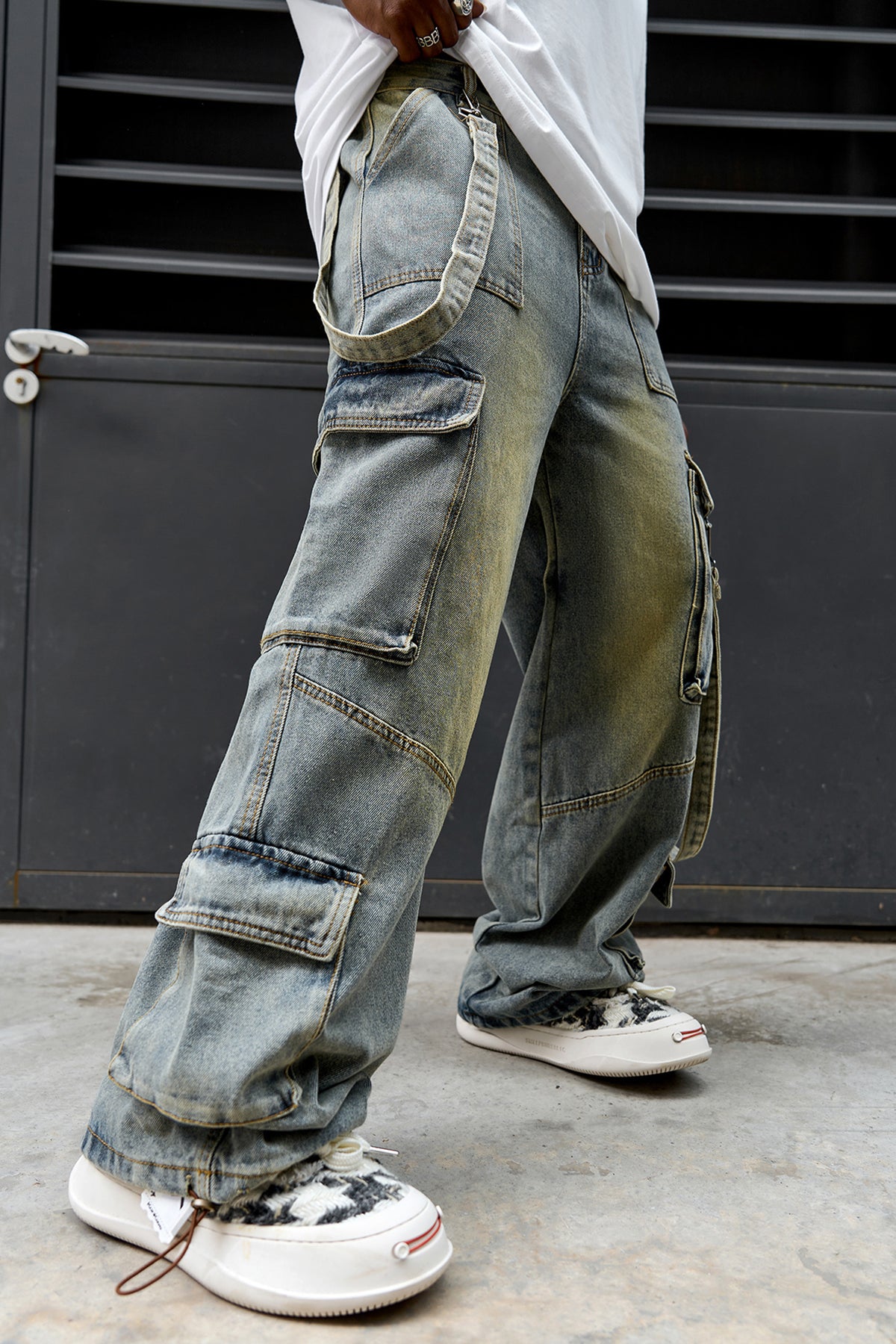 Strap Baggy Wide Leg Cargo Denim Jeans