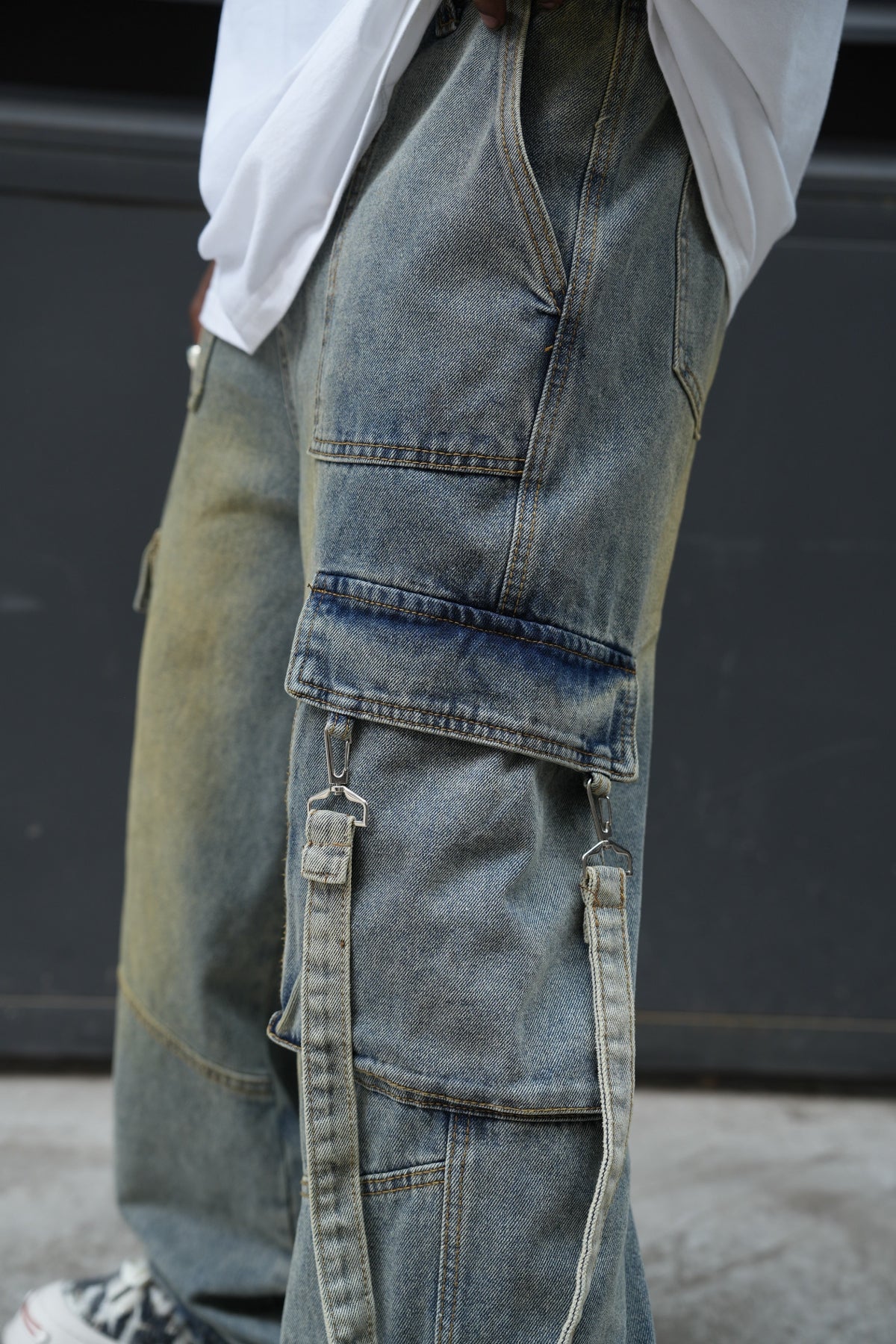 Strap Baggy Wide Leg Cargo Denim Jeans