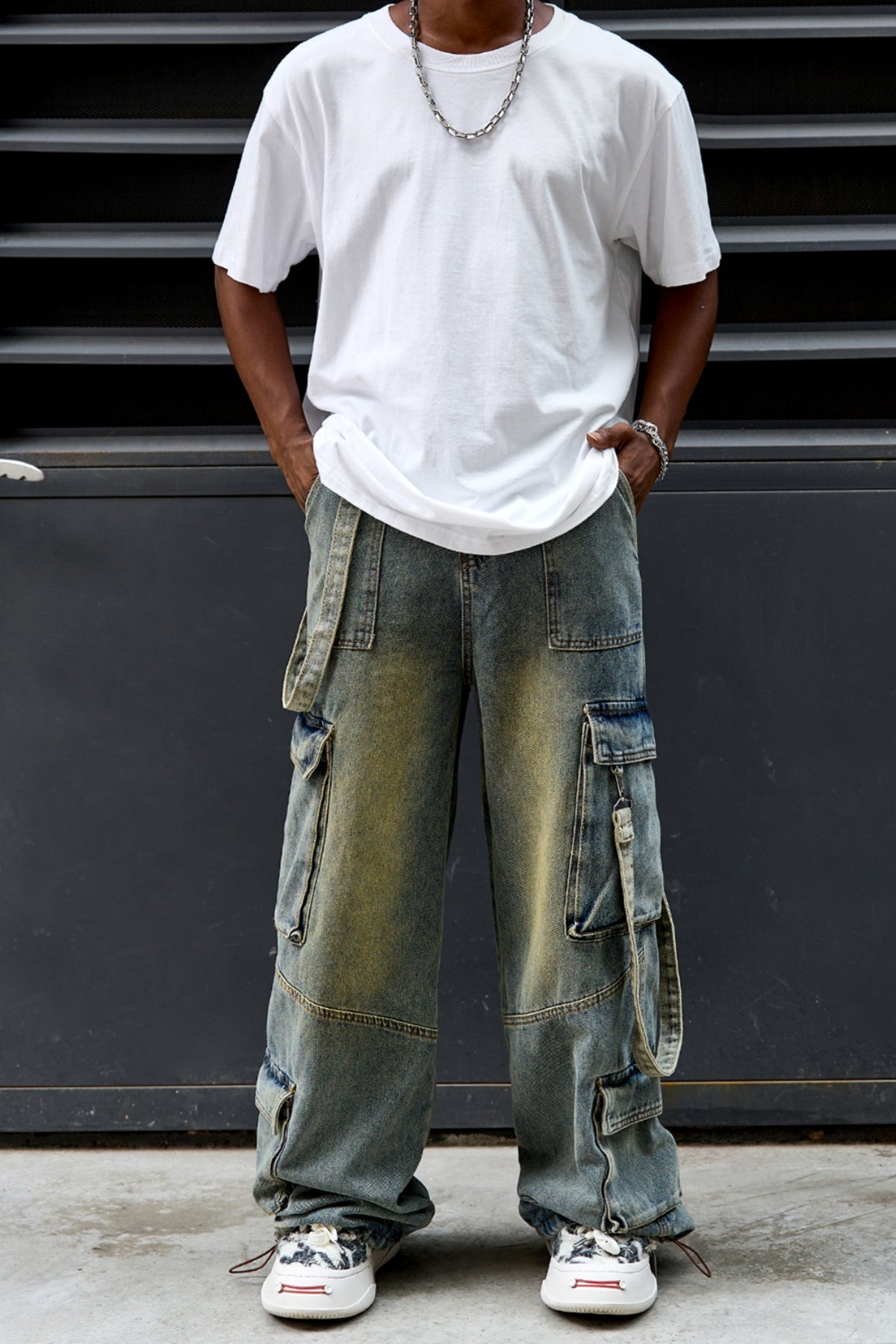 Strap Baggy Wide Leg Cargo Denim Jeans