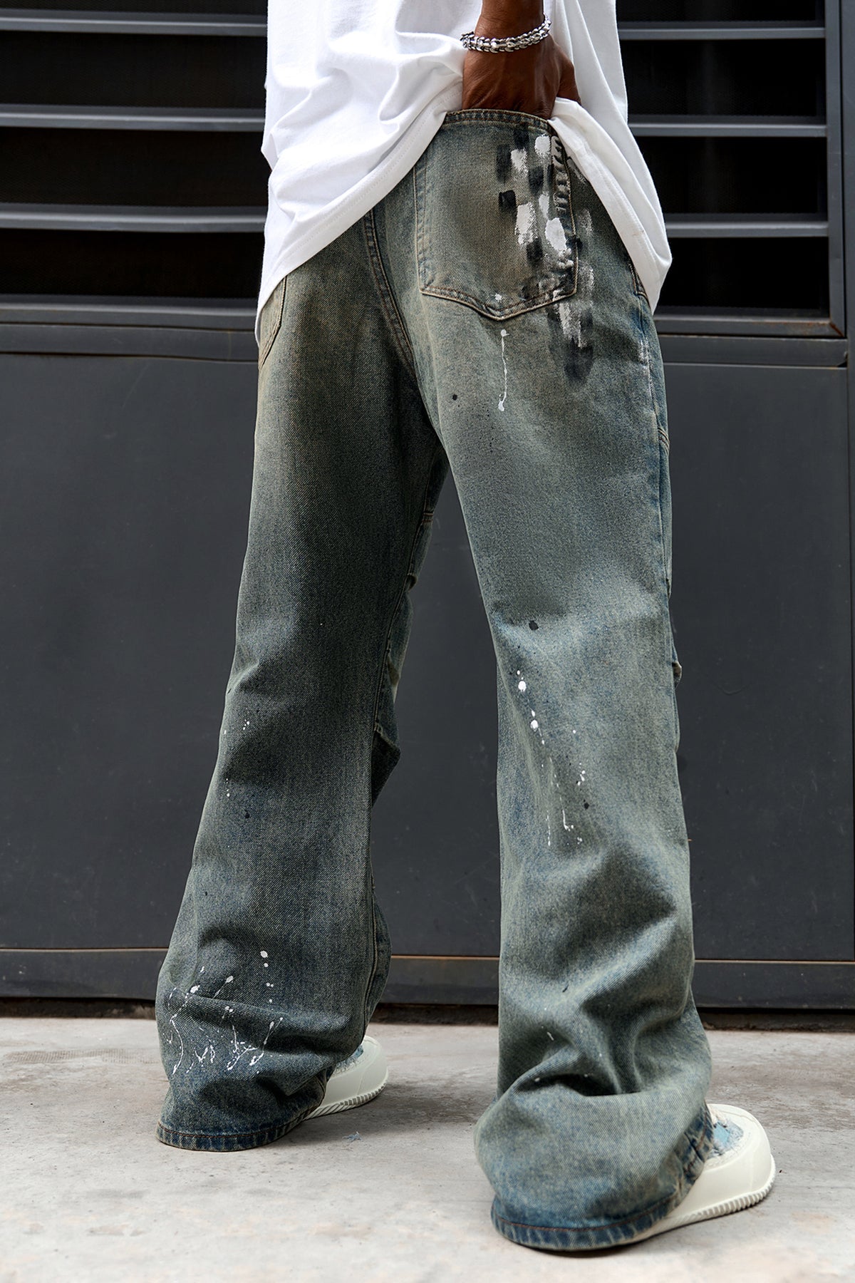 Graffiti Pleated Faded Flared Leg Denim Jeans