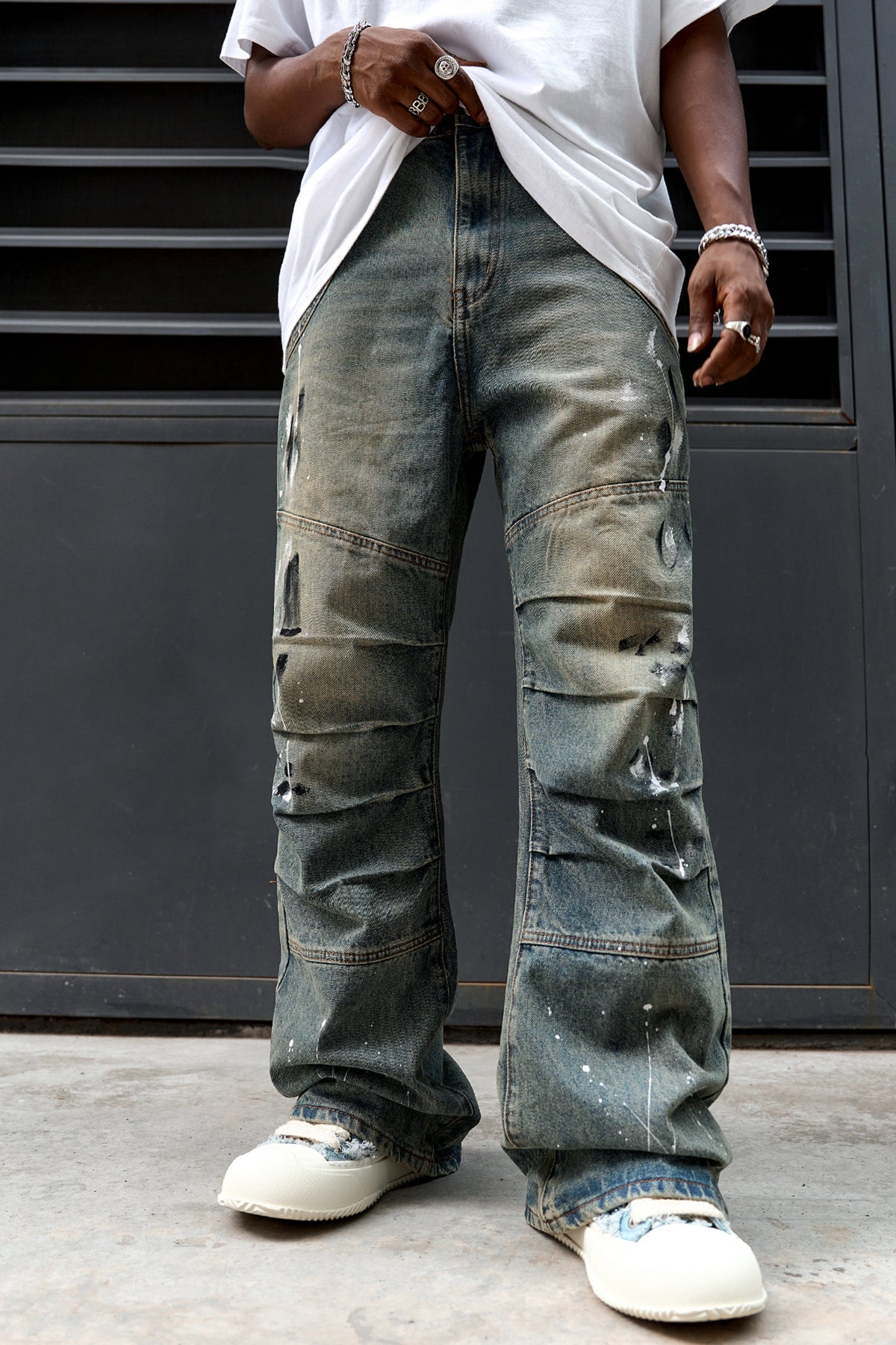 Graffiti Pleated Faded Flared Leg Denim Jeans