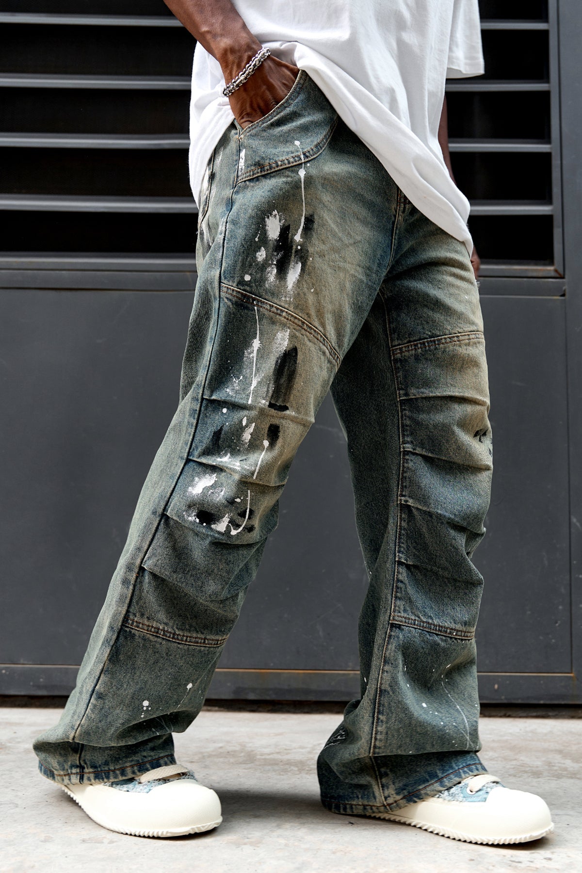 Graffiti Pleated Faded Flared Leg Denim Jeans