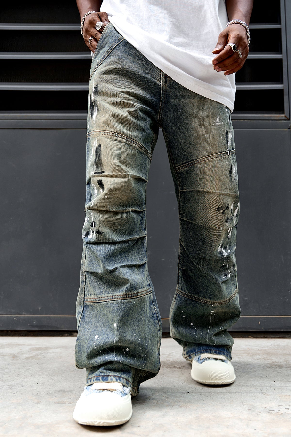 Graffiti Pleated Faded Flared Leg Denim Jeans