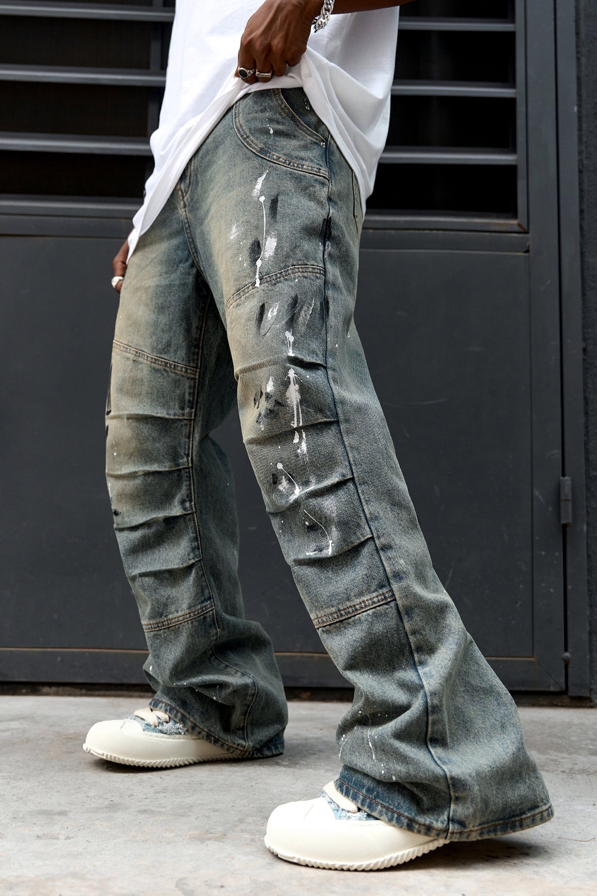 Graffiti Pleated Faded Flared Leg Denim Jeans