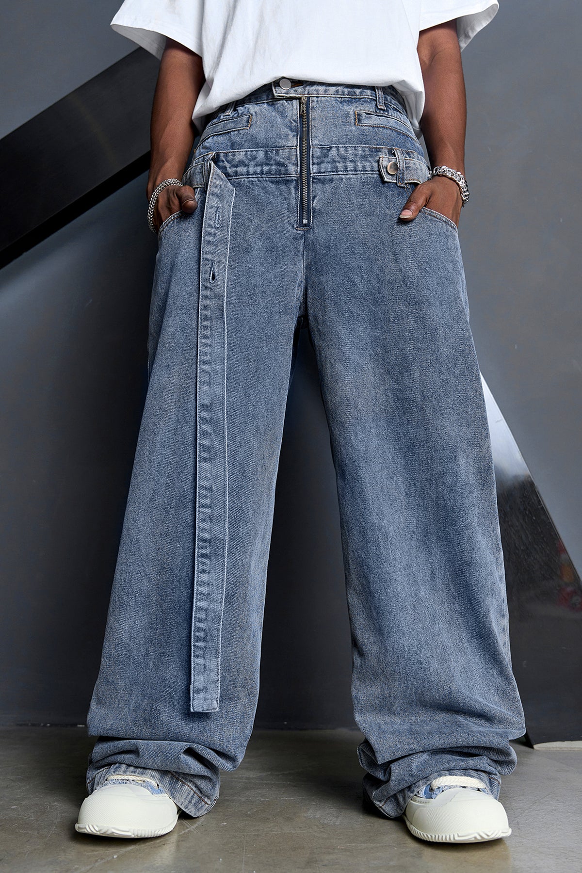 Double Waist Strap Denim Jeans Blue