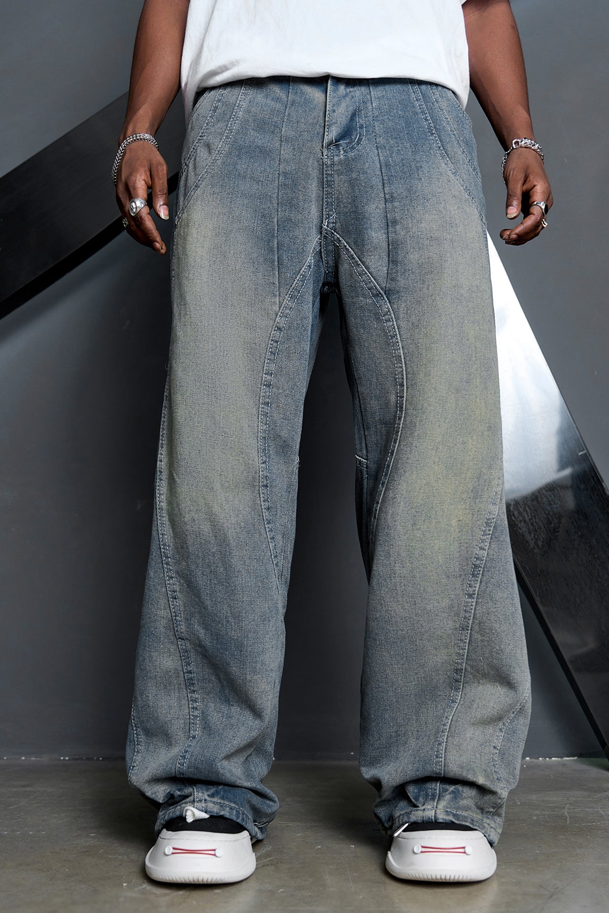 Topstitched Acid Wash Wide Leg Jeans