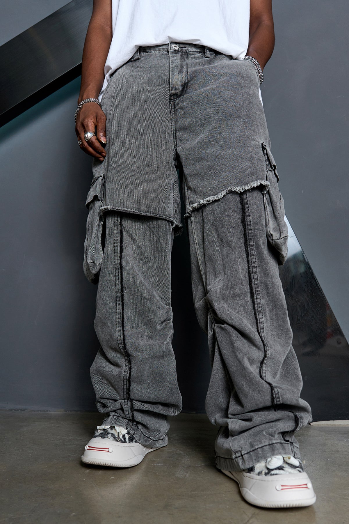 Gray Wash Cargo Denim Pants