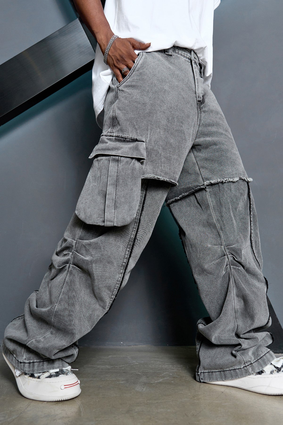 Gray Wash Cargo Denim Pants