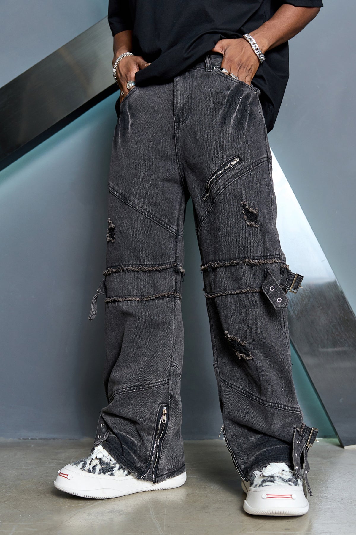 Spliced Black Denim Jeans With Zipper Pocket