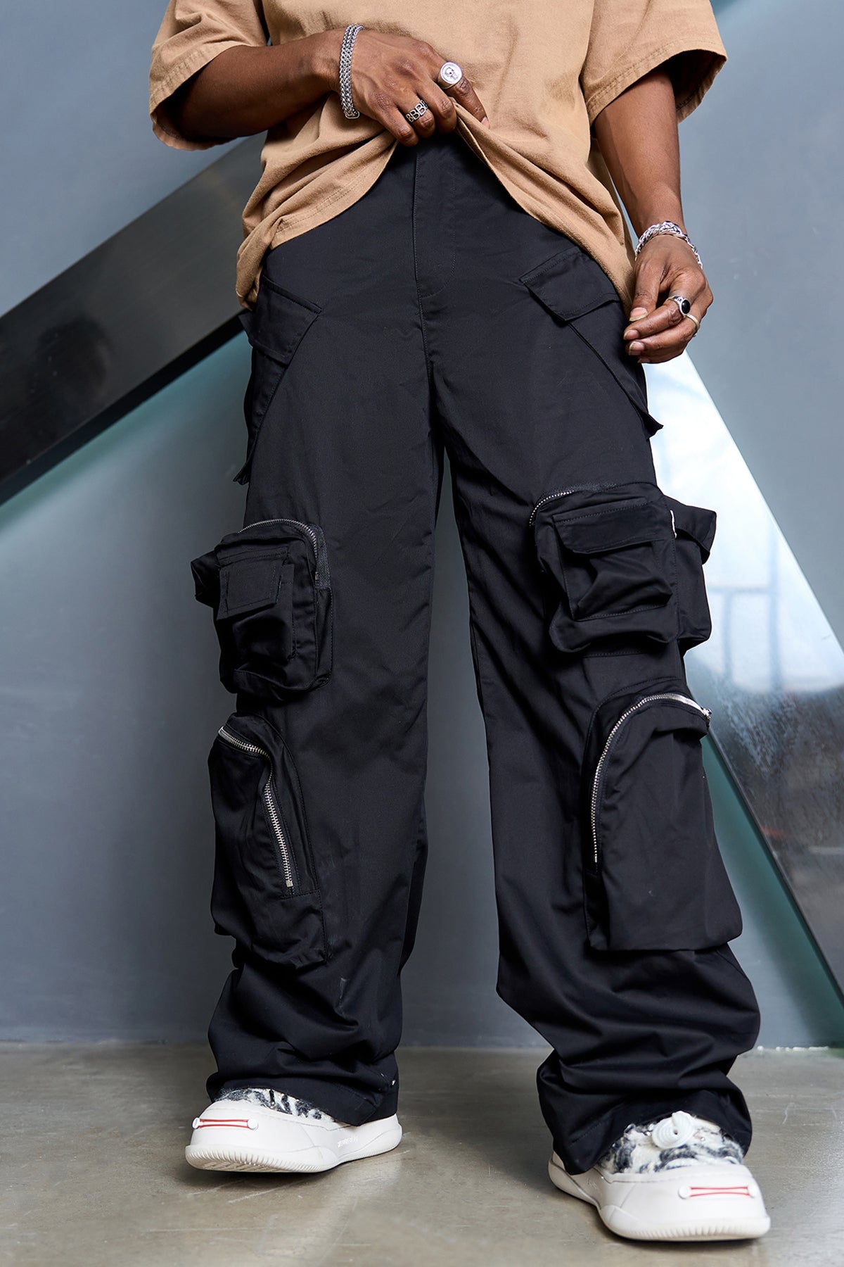 Multi Zipper Wide Leg Cargo Pants Black