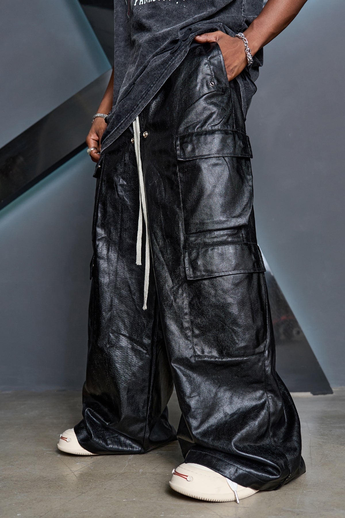 Glossy Leather Oversized Cargo Pants