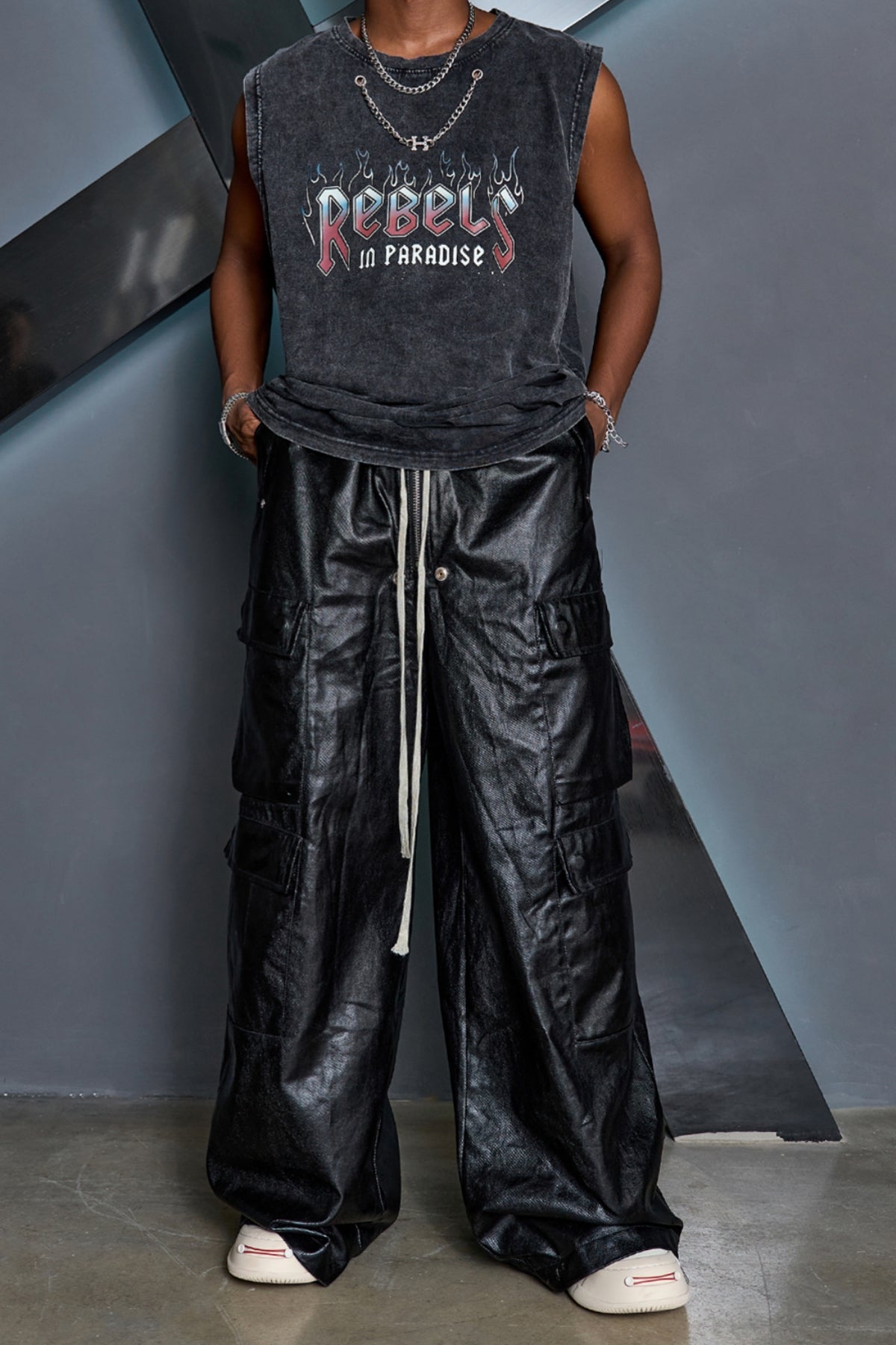 Glossy Leather Oversized Cargo Pants